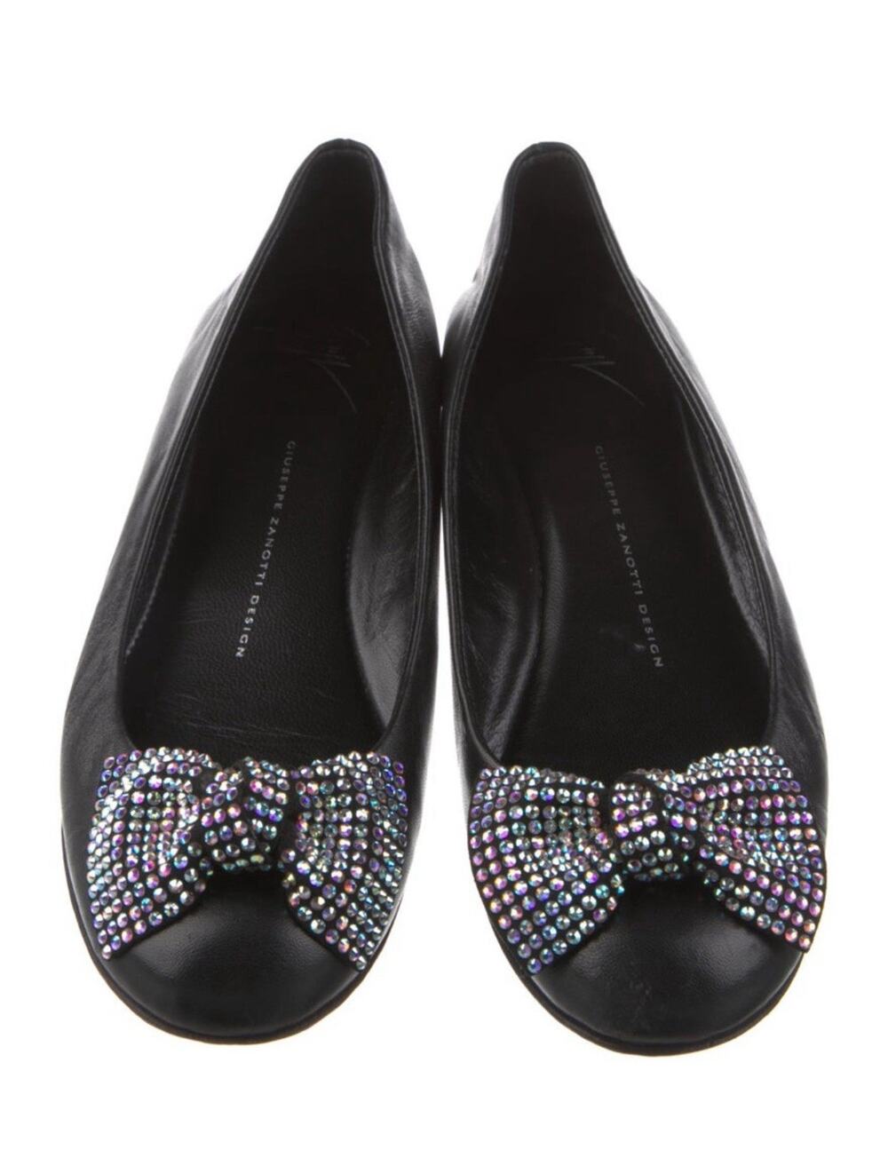 Giuseppe Zanotti Black Leather Rhinestone Embellished Bow Ballet Flats Size 7.5